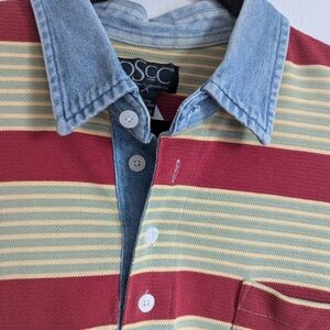 Men's 90s Vintage Oversized Green & Red Striped Polo Shirt With Denim Collar L
